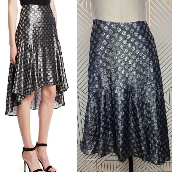 Dodo Bar Or Kathy Lurex Metallic Floral Tiered A-Line Skirt Silver Size US 4/6 - Picture 1 of 12